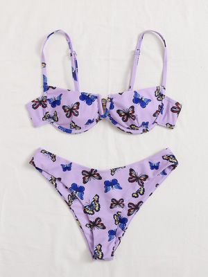 Ribbed Underwired Bikini Women Solid V-bra Push Up Padded Two-pieces Bikini Set High Cut Bathing Suit  Swimsuit A KIP