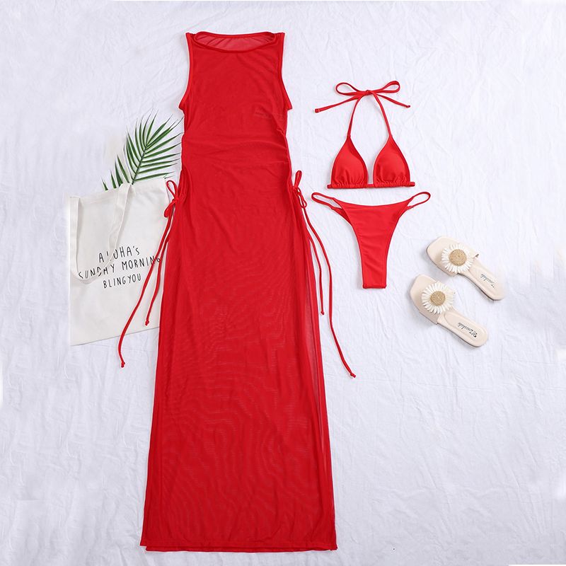 3 Pieces Set High Neck Swimwear Female Swimsuit Cover-ups For Women Skirts Bikini Halter Triangle Bathing Suit Red KIP