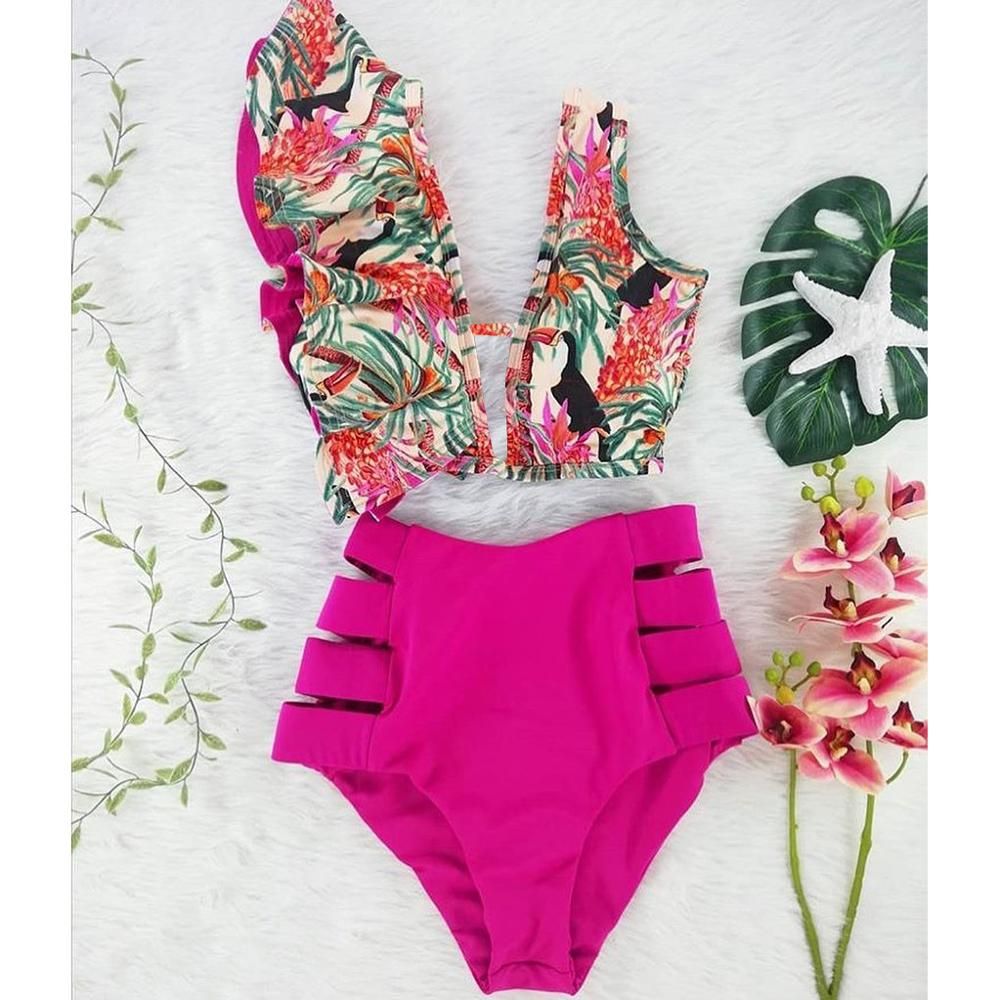 New Bikini Floral Ruffled Bikini Set Women V-neck High Waist Two Piece Swimsuit Girl Beach Bathing Suit Swimwear Biquinis As The Picture KIP