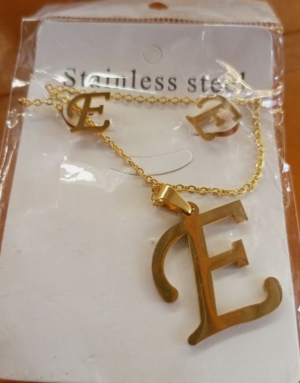 Letter E Pendant, Earrings And Necklace