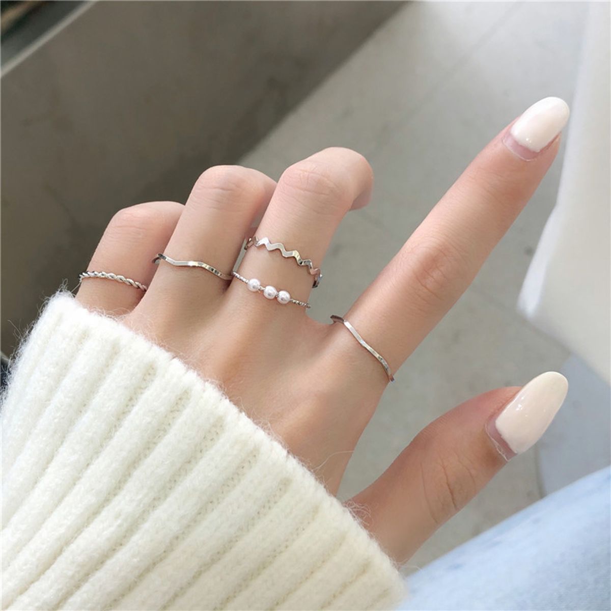 5Pcs Chic Rings Electroplating Curved Shape Rings Set Silver