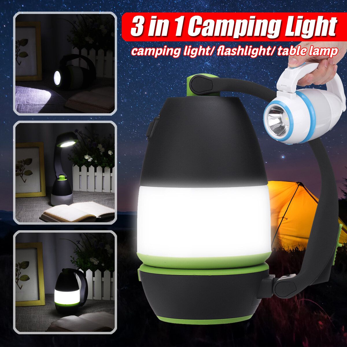 3 In 1 Camping Light USB Rechargeable Outdoor Tent Light Waterproof Searchlight Black