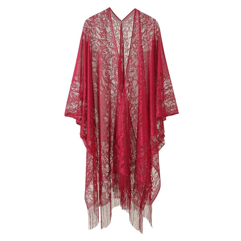 (Burgundy)Women Summer Lace Bikini Swimsuit Cover Up Hollow Out Crochet Floral Fringe Tassels Open Front Cardigan Solid Color Oversize SMA