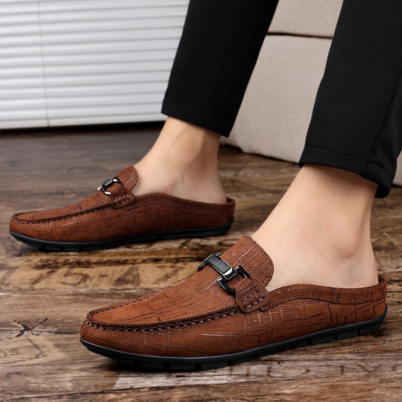 (Brown)Half Shoes For Men Leather Italian Casual High Quality Summer Slip On Low Flat Breathable MO
