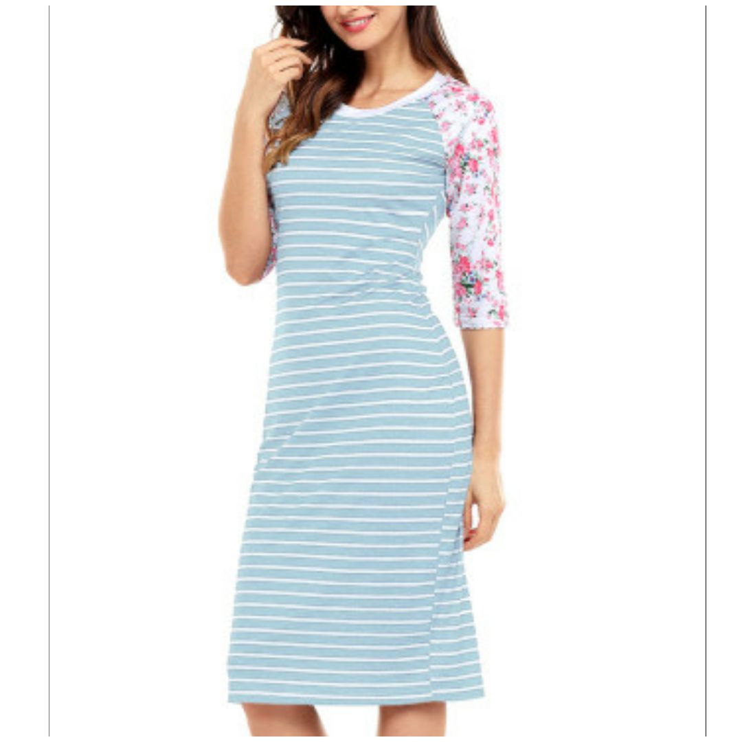 Mfed Blue White Stripe Floral Sleeve Midi Dress