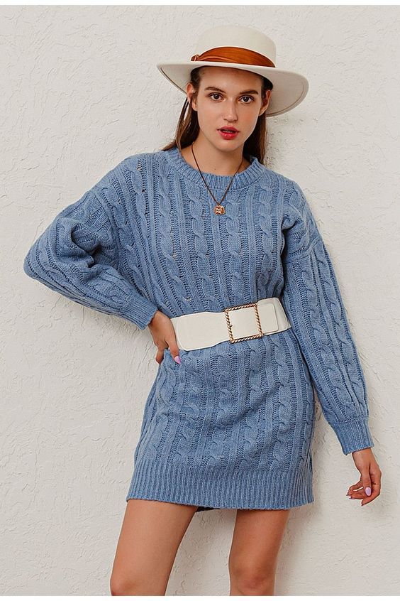 Ladies Cable Knit O-Neck Office Cardigan Sweater Dress Without Belt - Dusty Blue