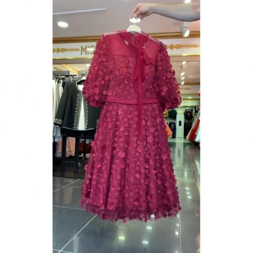 Turkey Lacey Tie Neck Over Knees Length Dress-Wine