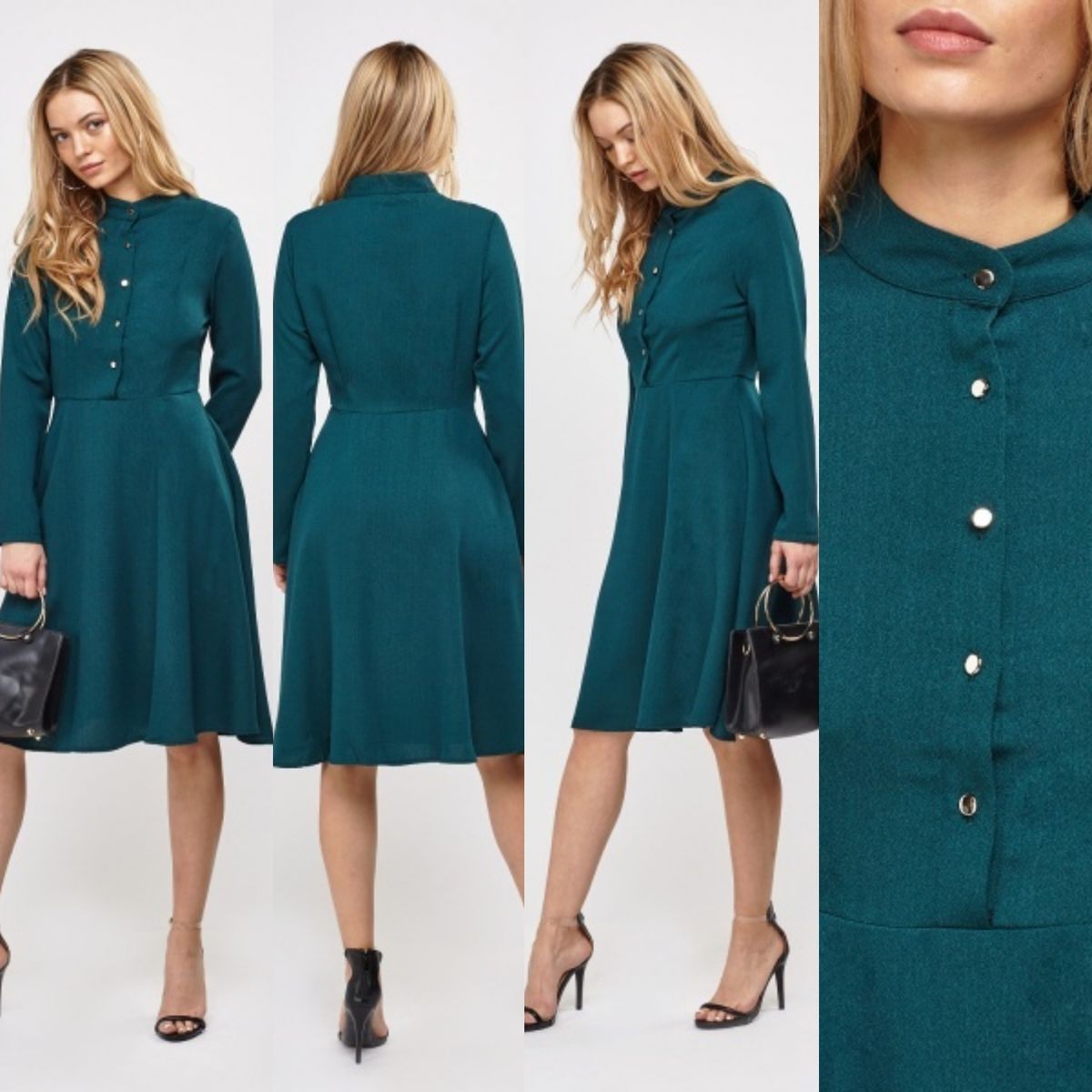 Collection London Long Sleeve Flared Shirt Dress - TEAL GREEN