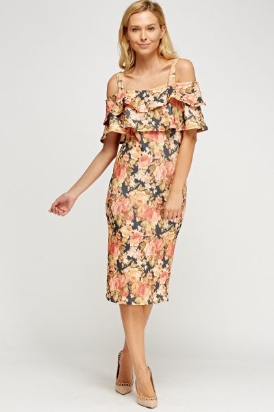 Frilled Cold Shoulder Floral Dress