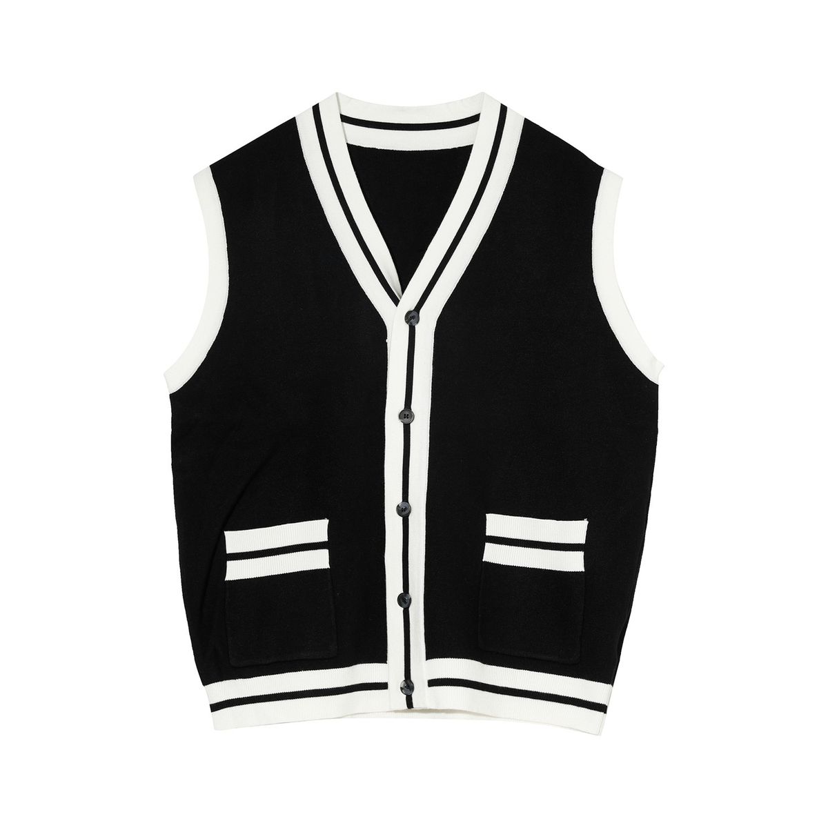 Fall Fashion Vest Sweater Knit Relaxed Fit V Neck Sleeveless Knitted-Black