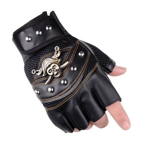 Pirate Captain PU Leather Fingerless Gloves Men Women Skulls Rivet Mitts Hip Hop Gym Gloves Female Moto Half Finger Men's Gloves(#Black)