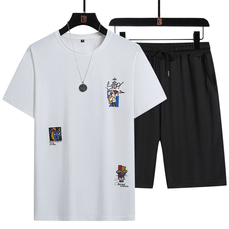 3 In 1 Men's T-Shirt Short Picasso Sleeve Shorts Set With Chain-White