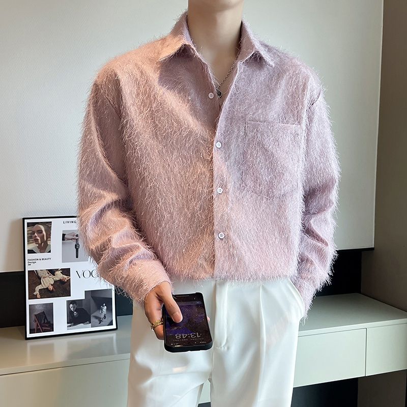 （Pink）Autumn Long Sleeve Shirt Men Slim Fashion Social Mens Dress Shirt Korean