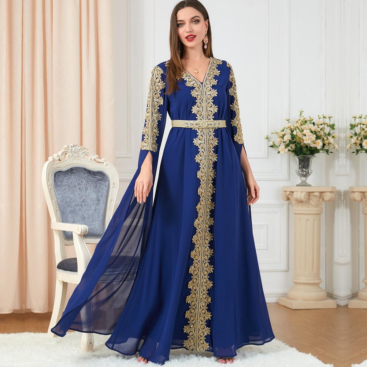 3229 Dubai women's patchwork ultra long sleeved autumn women's abaya dress dress