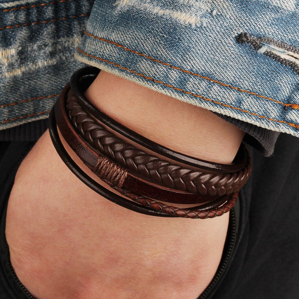 21cm Mens Braided Bracelet  Leather Cuff Angle Wristband
