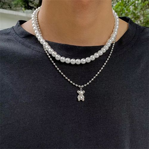 Men's Creative Double Layer Pearl Bear Pendant Necklace