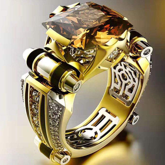 Mens Ring Vintage Jewelry Gift Copper Rhinestone-Gold