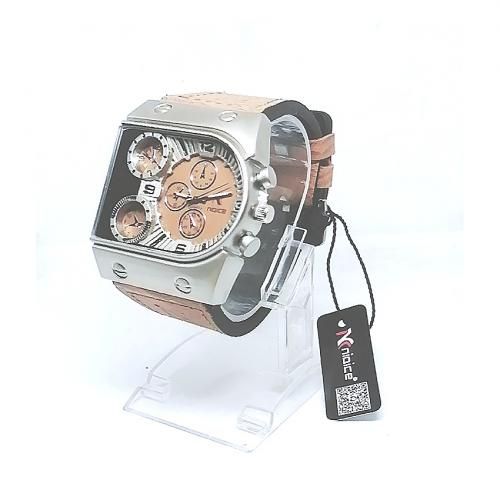 Men Sleek Brown Leather Wristwatch + Bracelets