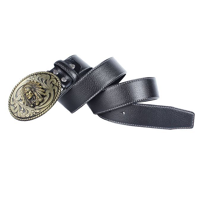 Men's Western Cowboy Leather Belt Indian Warrior Chief Head Black