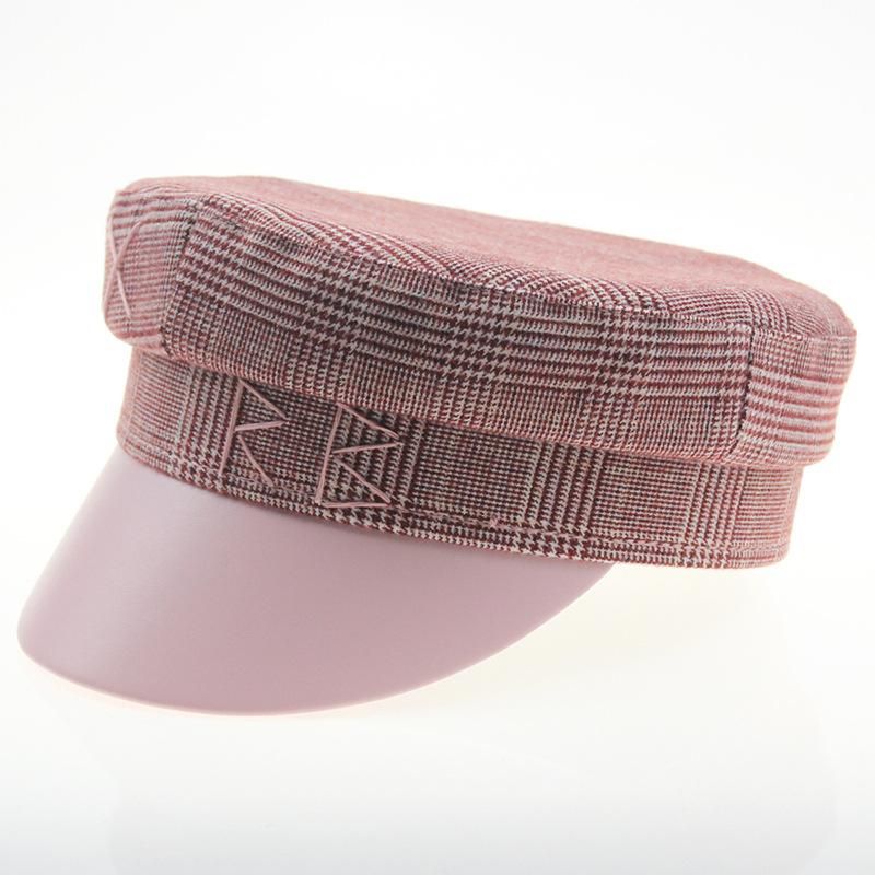 Trendy Women Houndstooth RB  Cap Autumn Winter Warm Navy Cap Casual Patchwork Travel Flat Top Sailor Hat