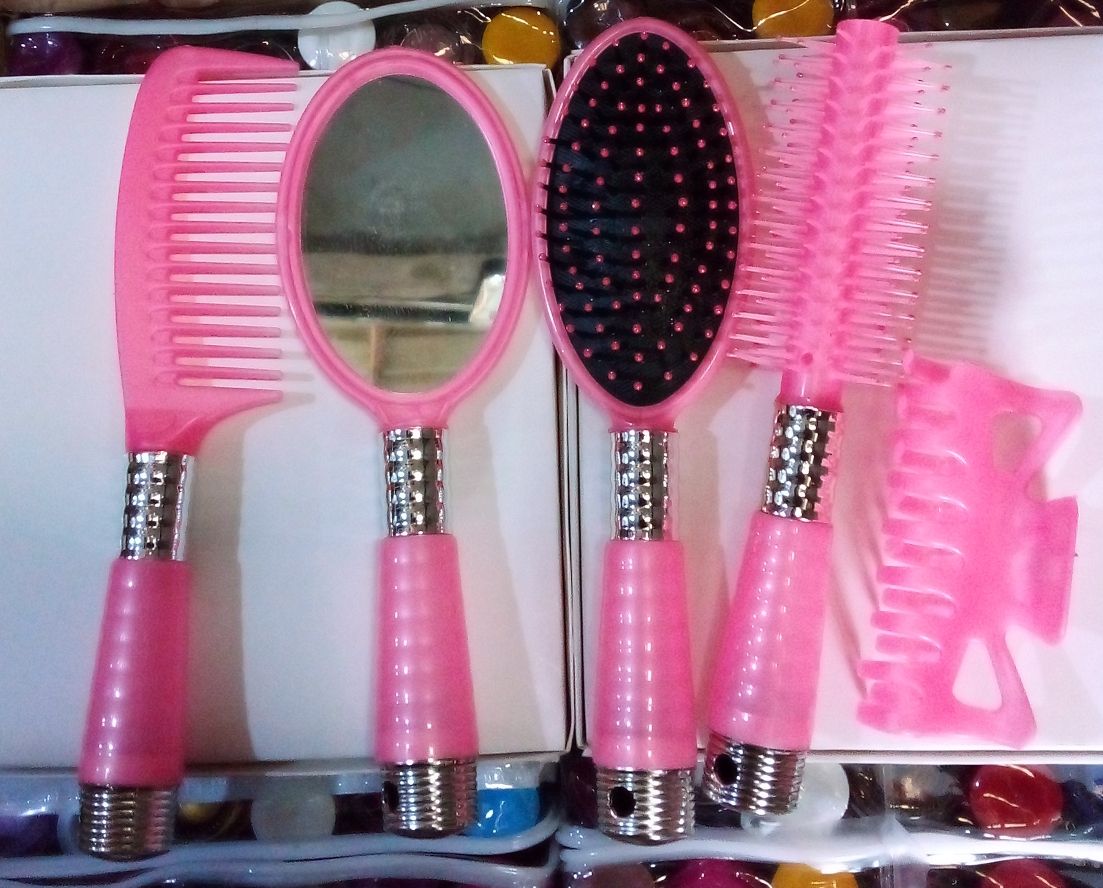HAIR STYLING BRUSH/COMB SET WITH MIRROR AND HAIR HOLDER PINK
