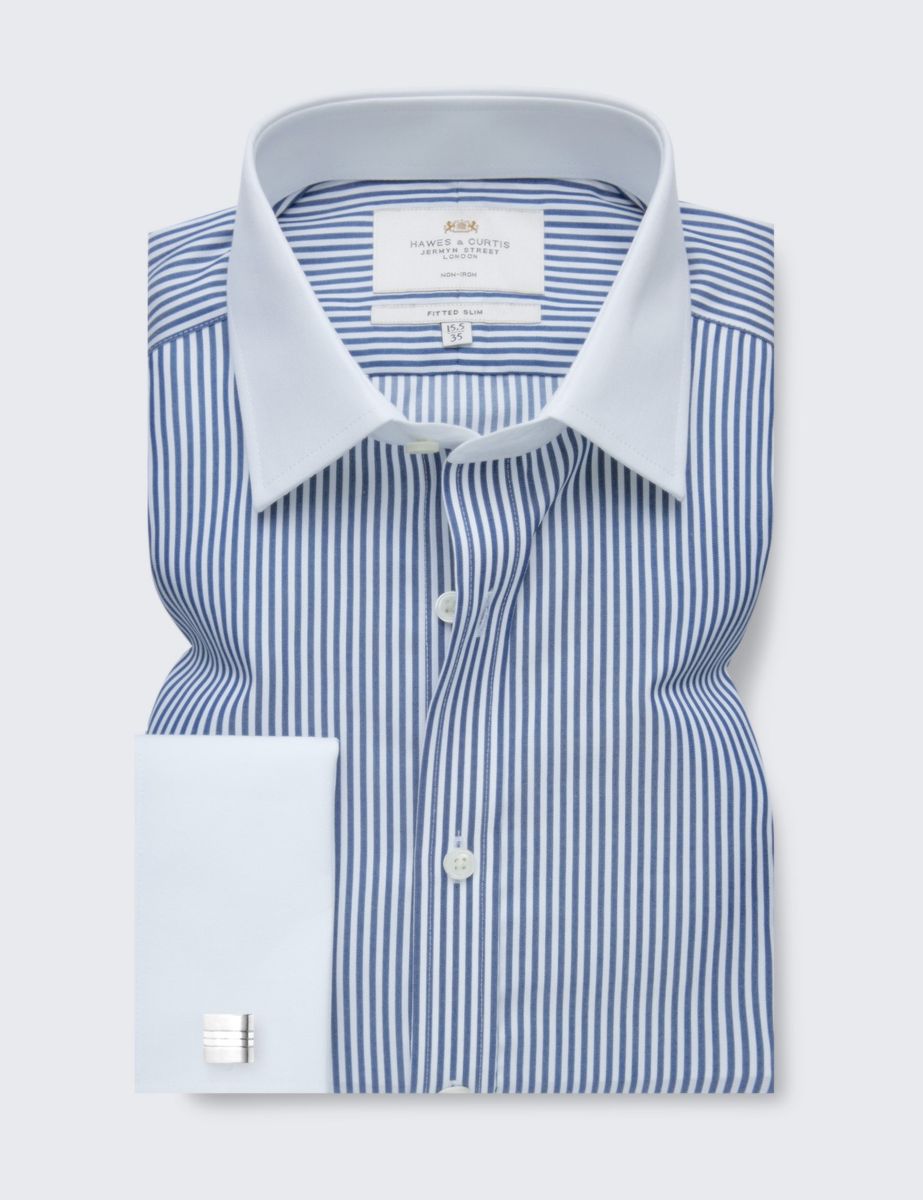 Men's Non-Iron Blue & White Bengal Stripe Slim Fit Shirt -White Collar And Cuffs