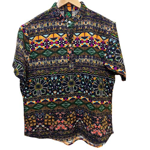 Men Ethnic Tribal Printed Bishop Neck Short Sleeves Shirt- Green