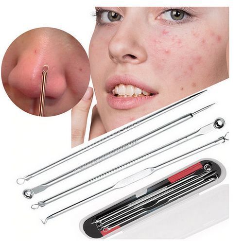 4pcs Stainless Steel Facial Acne Blackhead Remover Needles Kit Extractor Tool Set