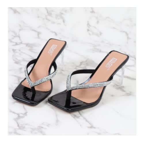 Rhinestone Square Toe High Transparent Heel Ladies Black Slippers