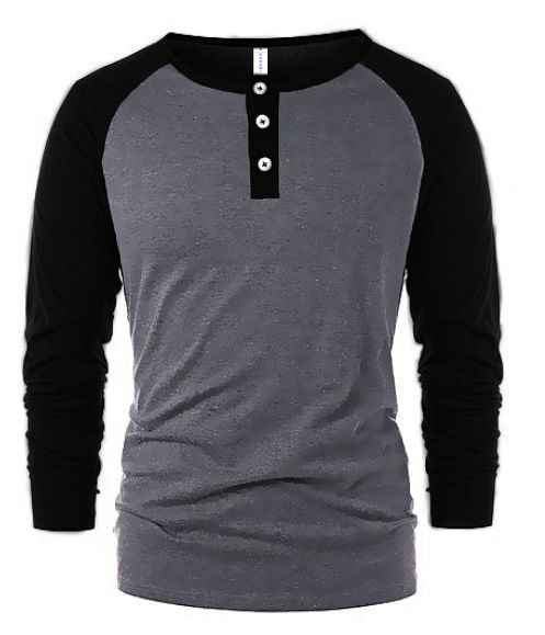 Long Sleeve Contrast T-Shirt With Button - Grey & Black