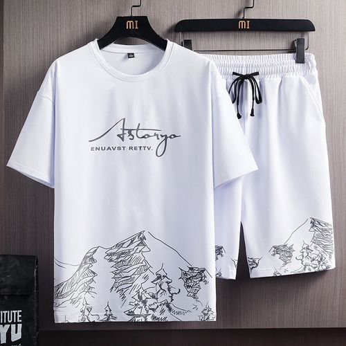 2 In 1 Men's Short Sleeve T-shirt Shorts Casual Set-White
