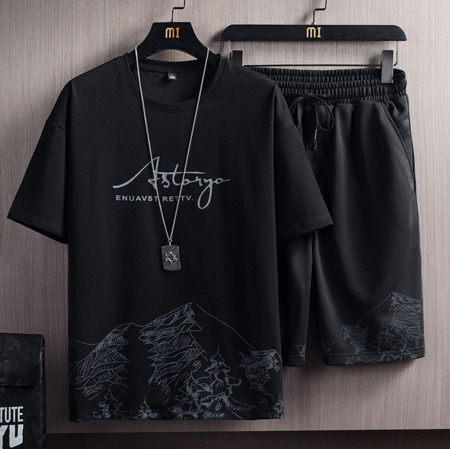 T-Shirts +Shorts 100% Cotton Men's Short Sleeve Set-Black