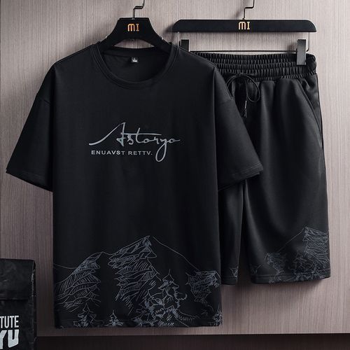 2 In 1 Men's Short Sleeve T-shirt Shorts Casual Set-Black