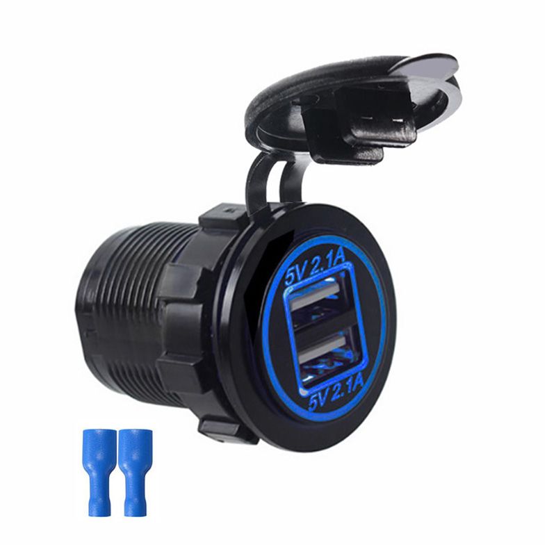 （Blue）Dual USB Charger Socket Power Outlet With LED Indicator Light Waterproof 12V 4.2A Dual Charging Ports For Car RV Boat Marine D5