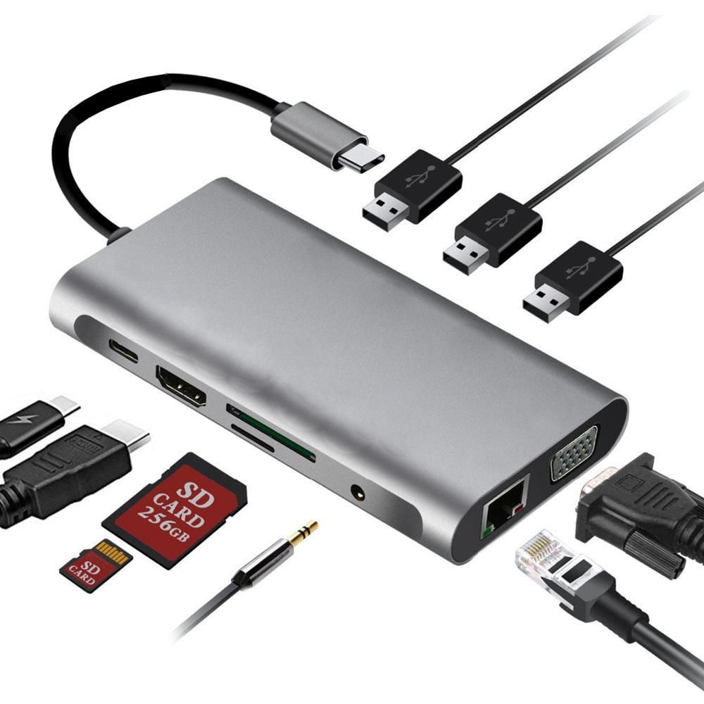 Type-C to RJ45/VGA/HDMI/HUB/PD/Audio supports simultaneous display ten-in-one multi-function docking station