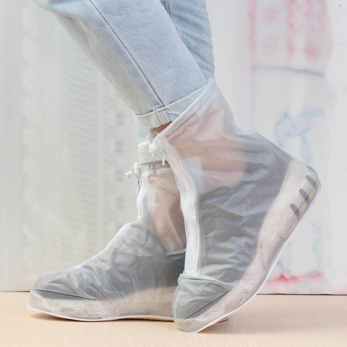 Reusable Rain Shoe Covers Bike Waterproof Zipper Overshoes Boots M(37-38): 27cm/10.6inch White