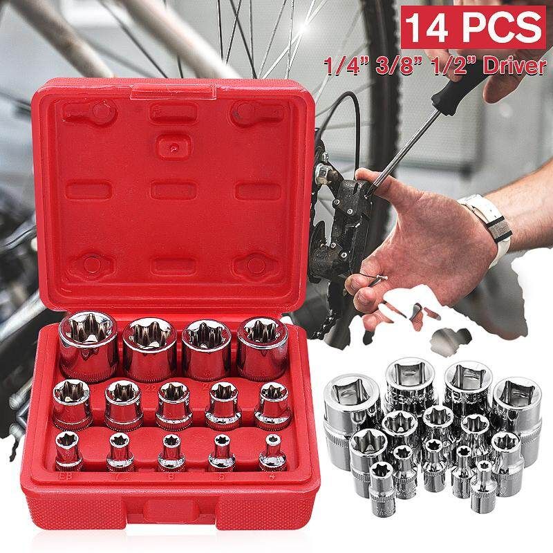 14Pcs Durable Male Chrome Vanadium 1/4 Inch 3/8 Inch 1/2 Inch Driver E Torx Star Socket Set With Box