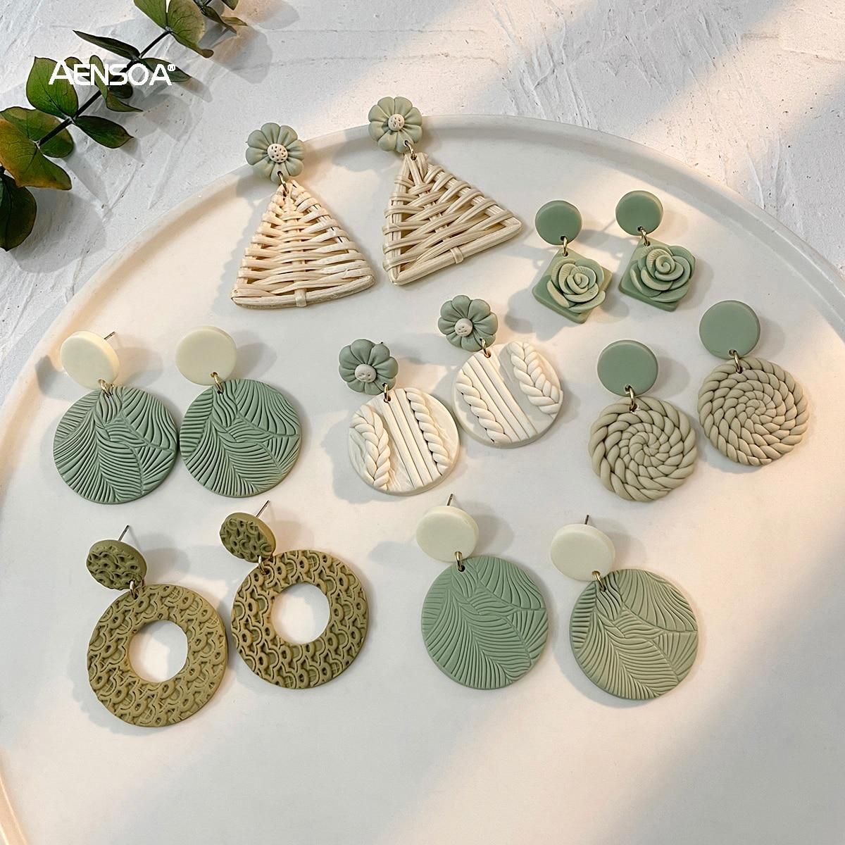 AENSOA Molded Floral Leaf Pattern Green Polymer Clay Earrings for Women Handmade Knitted Geometric Round Drop Earrings Jewelry