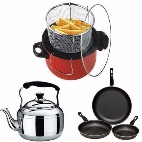 Manual Deep Fryer + Whistling Kettle & 3 Non-Strick  Pans