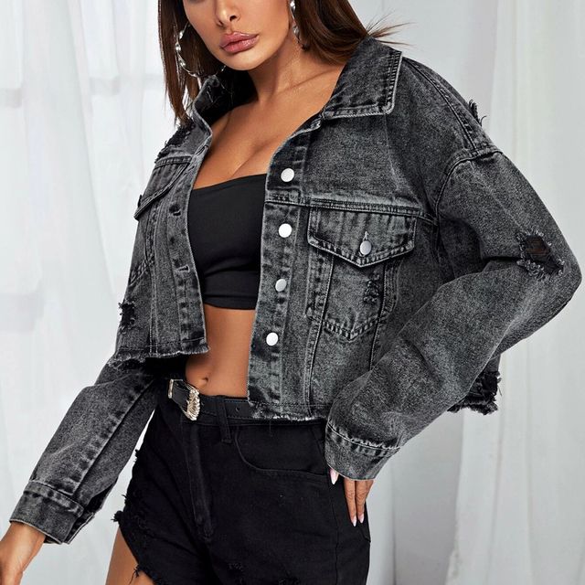 Casual Cropped Black Jean Jacket