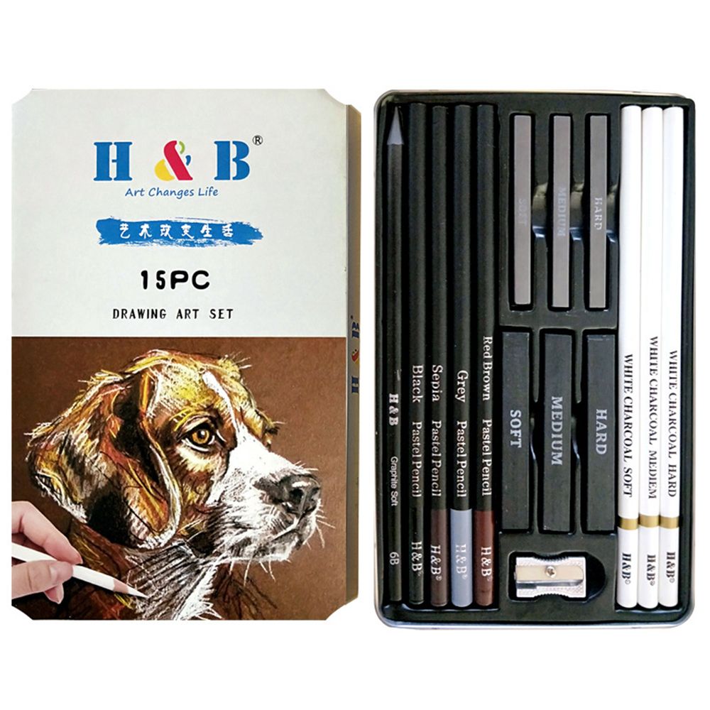 H&B15Pcs Drawing Kit White Charcoal And Pastel Pencils Set