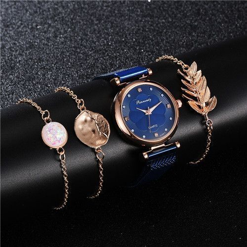 Alloy Mesh Strap Flower Dial Female Magnet Buckle Quartz Watch Bracelet Set