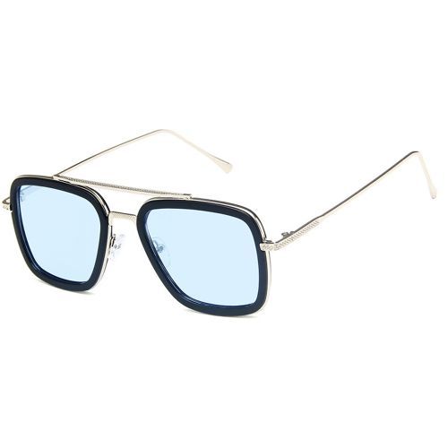 Square Sunglasses Fashion Mens Anti-UV Glasses Silver Frame Light Blue Lens