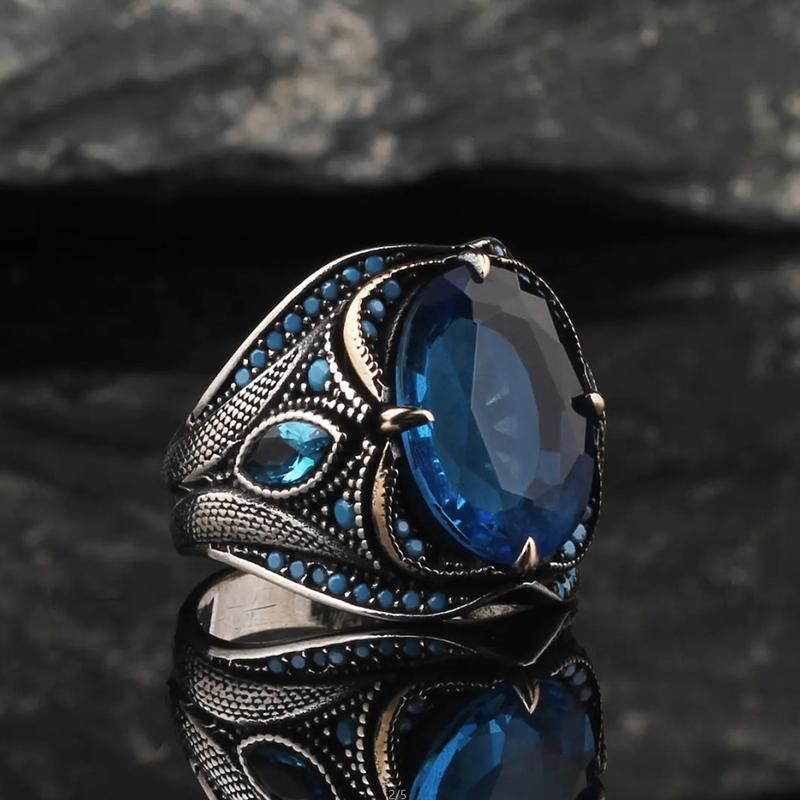 Delicate Antique Silver Color Blue Zircon Men's Ring Festive Party Jewelry
