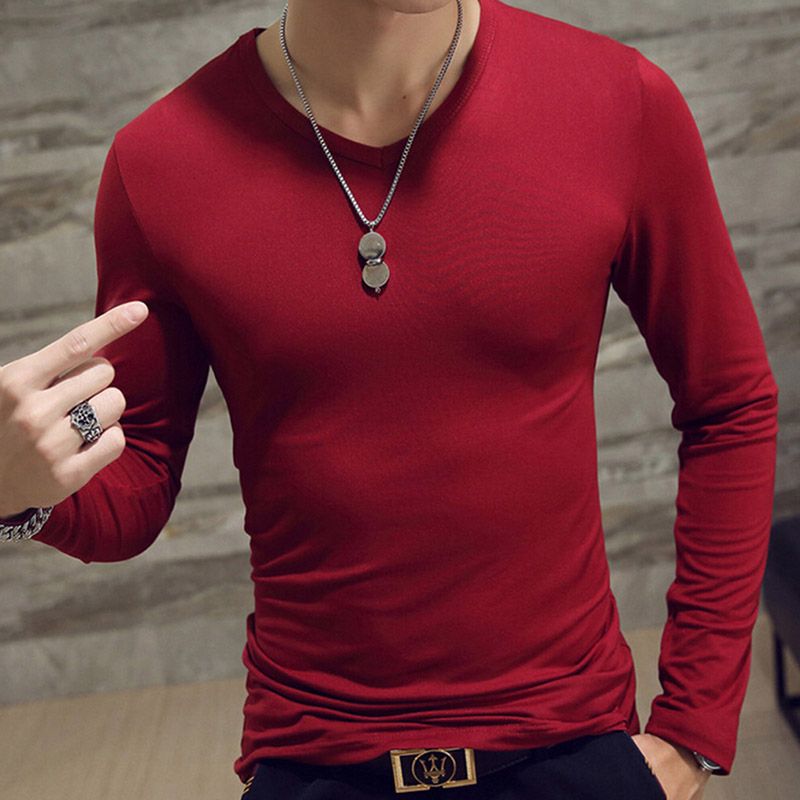 2021 Elastic Mens T-Shirt V-Neck Long Sleeve Men T Shirt For Male Lycra And Cotton T-Shirts Man Clothing TShirt Brand Tees