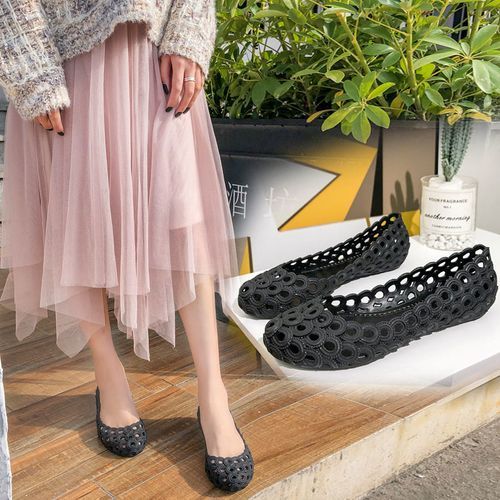 Rain Boots Women Shallow Low Top Flat Bottom Hollow Sandals Shoes Black