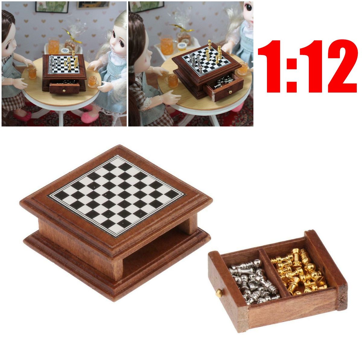 1:12 Scale Dollhouse Miniature Chess Set Board Chess Game Dollhouse Checkerboard Brown Handcrad Chess Board Storage Box