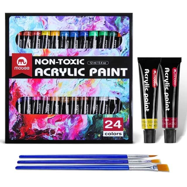 Acrylic Paint Set, 24 Colours With 3 Brushes