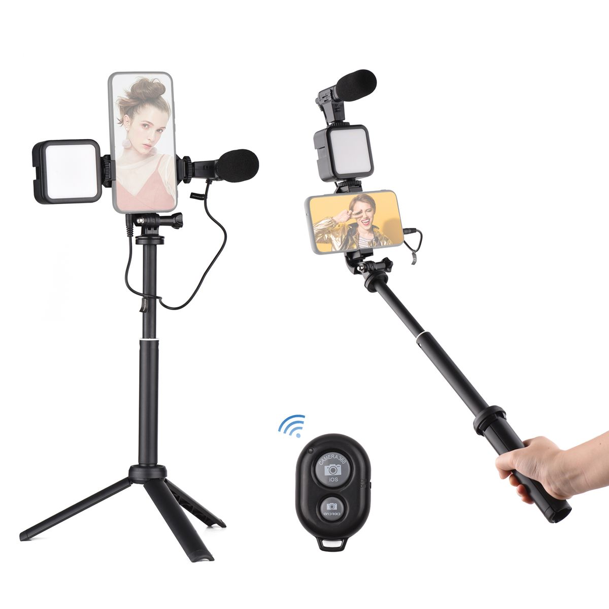 Phone Video Vlog Kit With Selfie Stick Tripod LED+Microphone