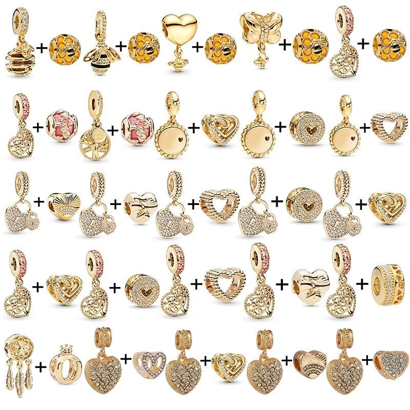 2Pcs/Lot Golden Tree Of Life Pendant Bee Crystal Charms Beads Fit DIY Brand Bracelet Necklaces For Women Fashion Jewelry Making